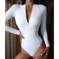 White Solid Color One-Piece Swimsuit Long Sleeve Swimwear Sports Womens Swimming Bathing Suit Beach Bather Surfing Swim Wear