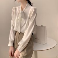 [COD] white womens long-sleeved autumn niche foreign trade chiffon top professional interview formal