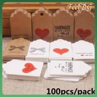 FEELDG 100Pcs จี้ DIY ห่อพัสดุ กระดาษคราฟท์ แท็กของขวัญ ทำด้วยมือด้วยความรัก ขอบคุณ ป้ายแขวน