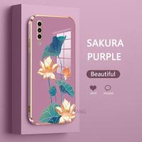 ปลอกสำหรับ Samsung Galaxy A50 A30S A50S A7 2018 A750เคสโทรศัพท์ดีไซน์ใหม่ดอกบัวหลากสีฝาหลังเคสนิ่มเคลือบอิเล็คโทรเพลทกล่องกันกระแทก TPU ซิลิโคนพร้อมฟรีสายคล้อง