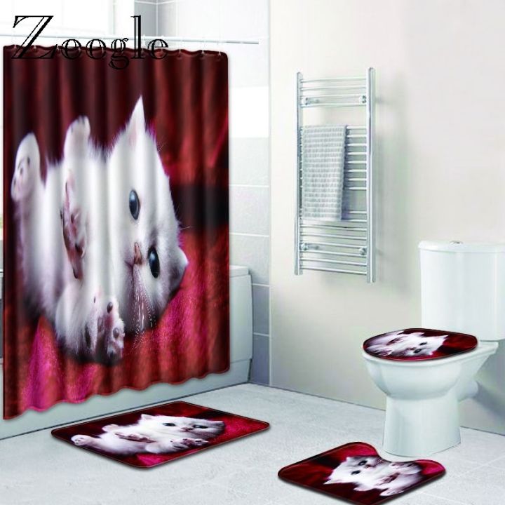 zeegle-cat-pattern-mat-for-bathroom-wc-carpet-set-4pcs-with-shower-curtain-microfiber-door-mats-toilet-rug-non-slip-floor-mats