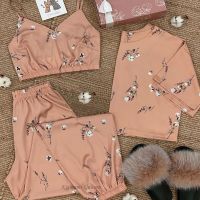 ☊ 3 Pieces Soft Spring Summer Women Bra Pajamas Sets Cotton Floral Printed Silk Sleepwear With Female Leisure Nightwear Suit