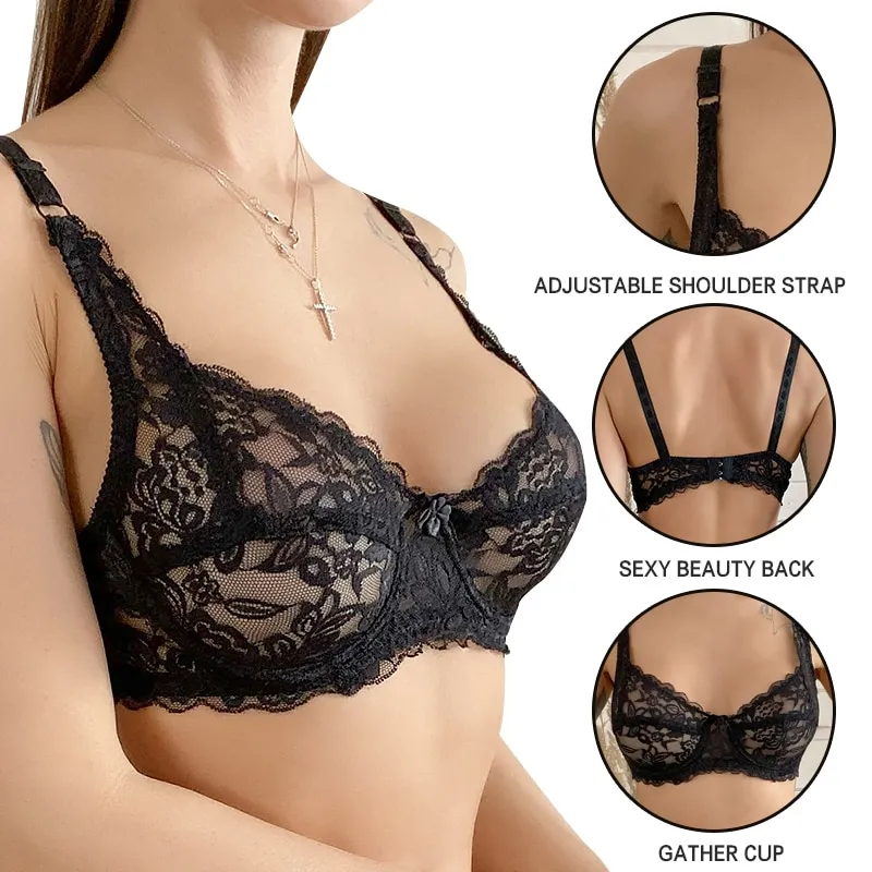 ELES Lace Bras for Women Female Plus Size Flora Lace Underwired Push Up Bra  Hollow Out Bralette Ladies Sexy Lingerie Brassiere Summer