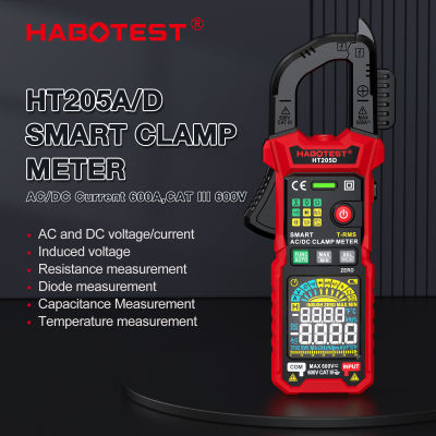 HABOTEST HT205 แคลมป์มัลติมิเตอร์ Current 600V AC / DC Voltage 6000 Count เครื่องวัดแอมป์มิเตอร์ระดับมืออาชีพ เครื่องวัดกระแสไฟฟ้า Current Voltage Temperature Capacitor Tester แคลมป์มิเตอร์
