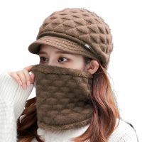 Women Winter 2Pcs Set Visor Brim Chunky Knit Beanie Hat with Circle Scarf Plush Lining Skull Baseball Cap Neck Warmer