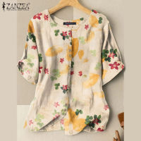 (จัดส่งฟรี)Fancystyle ZANZEA เสื้อคอกลมแขนลำลองขาสั้นเสื้อเชิ้ตลายดอกไม้วินเทจของผู้หญิง #2