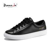 Donna-in Classic Genuine Leather Women Black Flat Shoes Lace up Casual Sneakers Sheepskin Insole Female Shoes 2023 Spring