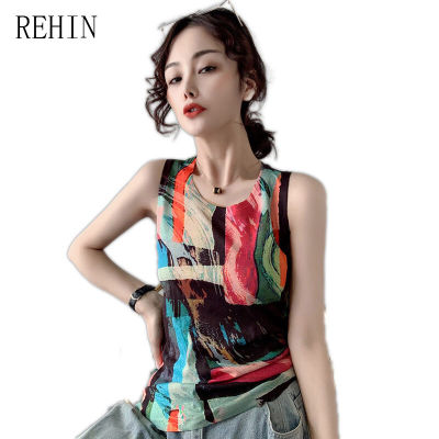 REHIN เสื้อยืดผ้าฝ้ายแขนกุดของผู้หญิง,เสื้อเบลาส์ผ้าบางทรงสลิมฟิตพิมพ์ลายไม่ซ้ำใครฤดูร้อนปี S-3XL