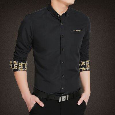 Mens Long-sleeved Shirt Slim Solid Color Casual Shirt