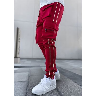 Spring And Autumn Cargo Pants Mens Fashion Brand Elastic Multi-bag Reflective Straight Leg Sports Fitness Casual Pants