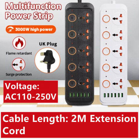 Extension Plug with USB UK PLUG 3000W Power Strip 5 Universal Outlet 6