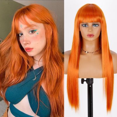 Synthetic 26 Inch Orange Long Straight Hair Wig with Bangs Cosplay Synthetic Hair Wigs for Women Heat Resistant Fiber Hair Wigs