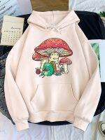 Cottagecore Aesthetic Frog Knitting Mushroom House Print Female Harajuku Fur-Liner Pullover Fashion Hoodies Vintage Woman Tops Size Xxs-4Xl