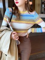 Sweet Rainbow Stripe Slim Autumn Woman Sweaters Basic y2k Cropped Top Pullover Harajuku Knitted Jumper B-189