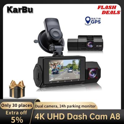 กล้องติดรถยนต์กล้องคู่4K สำหรับบันทึกวิดีโอรถยนต์ระบบ UHD กล้องติดรถมองกลางคืน GPS 24ชั่วโมงมอนิเตอร์สำหรับจอดรถ170 ° FOV 2ไดรฟ์ Dvrs ผู้ลงทะเบียน