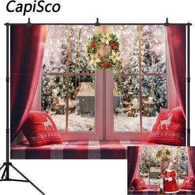 【▼Hot Sales▼】 liangdaos296 Capisco ม้านั่งฉากหลังถ่ายภาพหน้าต่างต้นไม้ฤดูหนาวหิมะตกสีแดงแบคดรอบถ่ายรูป Photophone Photozone