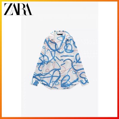 Zara เสื้อเชิ้ตแขนยาว พิมพ์ลาย สไตล์วินเทจ สีกรมท่า แฟชั่นฤดูใบไม้ผลิ สําหรับผู้หญิง ta