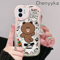 เคส Chenyyka สำหรับ iPhone 12 12 Pro 12 Mini 12 Pro Max เคสการ์ตูนหมีสีน้ำตาลน่ารักลายคลื่นเนื้อครีมเคสโทรศัพท์โปร่งใสขอบกันกระแทกเรียบง่ายปลอกป้องกันซิลิโคนใส