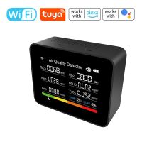 เครื่องตรวจจับคุณภาพอากาศดิจิตอลภายในอาคารอัจฉริยะ Wi-Fi 13-In-1 Tuya เครื่องตรวจจับ CO2 PM10 HCHO TVOC เครื่องวัดความชื้นและอุณหภูมิพร้อมแบตเตอรี่2000MAh ตรวจสอบการควบคุมแอปแบบเรียลไทม์