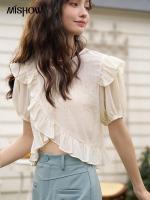 [hot]●  MISHOW Womens Top 2023 Korean Ruffled Irregular O Neck Pullover Female Puff Sleeve Blouses MXC33X0032