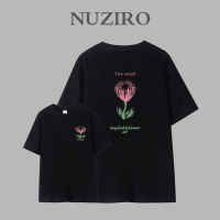 NUZIRO เสื้อยืดแขนสั้นพิมพ์ลายสองด้านของทรงหลวม