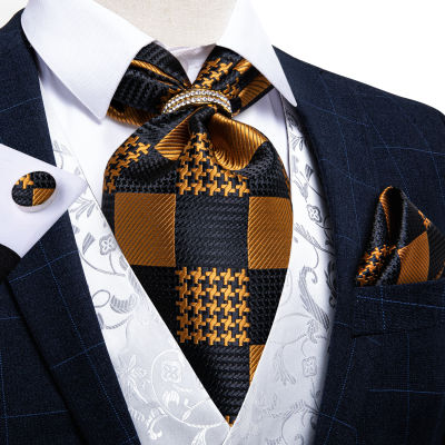 Luxury Silk Ascot Tie Set Black Check Fashion Men Wedding Formal Necktie Self British Style Gentleman Cravat DiBanGu