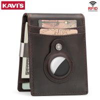 KAVIS dompet Mini pria dengan penutup Airtag ramping RFID melindungi kulit asli tempat kartu dompet minimalis pria penjepit uang untuk wanita