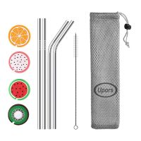 UPORS 215*6mm Metal Drinking Straws Eco Friendly Stainless Steel Straws with Silicone Maintainer Tips Reusable Straw Brush Pouch Specialty Glassware