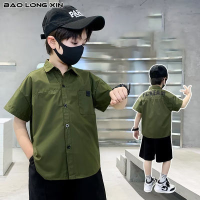 BAOLONGXIN เสื้อเชิ้ตสีทึบแขนห้าส่วนสำหรับเด็ก,เสื้อผ้าแฟชั่นเรียบง่ายสำหรับฤดูร้อน