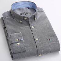 Mens Fashion Long Sleeve Solid Oxford Shirt Single Patch Pocket Simple Design Casual Standard-fit Button-down Collar Shirts