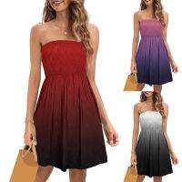 Womens Summer Strapless Mini Dresses Gradient Smocked Casual Beach Tube Top Dress Cover Ups For Swimwear Bandeau Sundress 2023