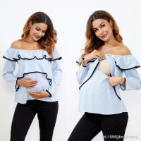 ◙ Mulheres fora do ombro manga longa enfermagem tops camisas de maternidade grávida roupa sexy babados