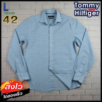 Tommy Hilfiger®แท้ อก 42 ไซส์ L เสื้อเชิ้ตผู้ชาย ทอมมี่ ฮิลฟิกเกอร์ สีฟ้า เสื้อแขนยาว เสื้อใส่เที่ยวใส่ทำงานสวยๆ