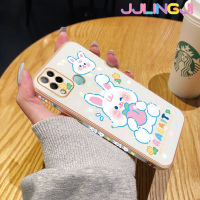 Jlingji เคสสำหรับ Infinix Hot 10S NFC Hot 10T เคสการ์ตูนกระต่ายสีขาวน่ารักกรอบชุบสี่เหลี่ยมหรูหราเคสซิลิโคนเคสมือถือกันกระแทกฝาหลังป้องกันเลนส์กล้อง