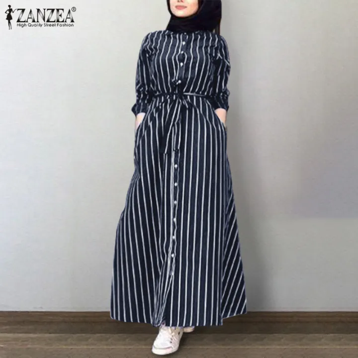 ZANZEA Women Muslim Dubai Abaya Casual Holiday Blouson Button Down Long  Maxi Dress Plus | Lazada PH