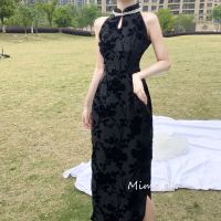 Black Pearl Collar แขนกุดปรับปรุง Cheongsam กลางความยาว Slim ชุด Qipao สไตล์จีน Elegant Bodycon Party ชุดแต่งงาน