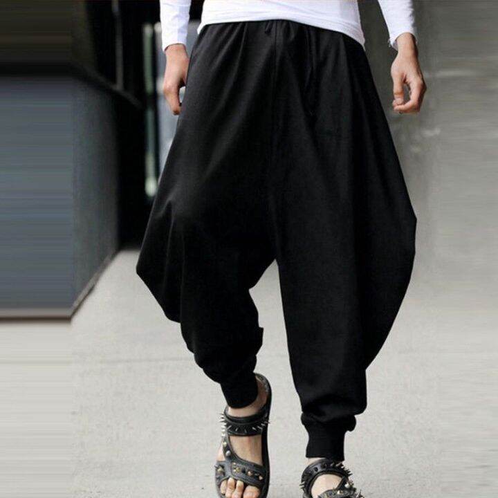 codtianjia6731-men-loose-long-plain-pure-yoga-wide-leg-harem-drop-crotch-baggy-trousers-pants