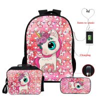 16 Inch Usb Charging School Schoolbag Large Capacity Backpack Unicorn Cartoon Children Backpack Bag Unicorn Schoolbag 3pcsset