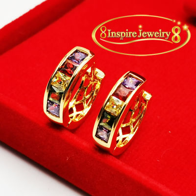 Inspire Jewelry ,ต่างหูฝังพลอยนพเก้า หรือแก้ว9ประการ พรเก้าประการ  ตัวเรือนหุ้มทองแท้100% 24K สวยหรู มีจำนวนจำกัด