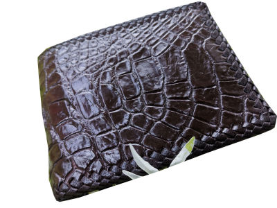 BestCare unisex Genuine Crocodile กระเป๋าสตางค์แบบ 2 พับ เป็นหนังจระเข้ปะแท้ๆ สีน้ำตาล