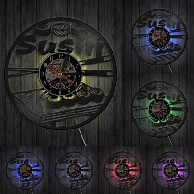 Japanese Cuisine Vinyl Record Wall Clock Modern Design Sushi Rolls Wall Clock Decor Watch Sushi Bar Japanese Sashimi Restaurant