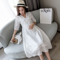 1695# V Neck High Waist Slim Maternity Party Dress Sweet Lovely Hollow Out Cotton Clothes for Pregnant Women Summer Pregnancy