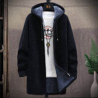 2022 Men Sweater Fleece Cardigan Spring New Mens Casual Sweaters Jacket Slim Long Thick Warm Hooded Sweater Coat Solid Color