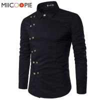 【Hot Sale】embellishembellishฤดูใบไม้ผลิเสื้อผู้ชายบุคลิกภาพ ObliqueIrregularBreasted ผู้ชายแขนยาว Camisa Masculina ชาย SlimShirt