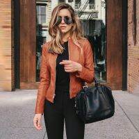 Casual Woman Zipper Leather Jacket Spring Fashion Long Sleeve O-neck Pure Color Jackets For Women 2021 Black Slim Pu Veste Femme