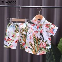 Childrens summer short-sleeved flower suit boys vacation beach clothes casual European and two-piece tide