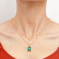 [COD] European and cross-border French double-layer clavicle chain imitation emerald necklace hollow geometric pendant for ladies