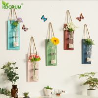 Household Wall-mounted Glass Vase Creative Glass Hydroponic Vase Wooden Vertical Flower Pot Home Creative Wall Decoration