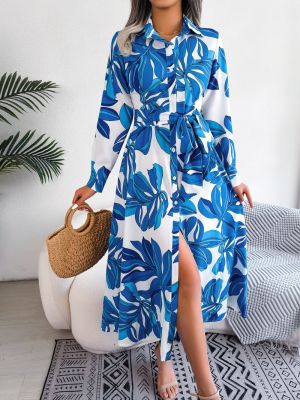 Women Casual Floral Print Long Sleeve Maxi Shirt Dress