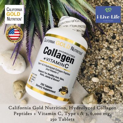 Hydrolyzed Collagen Peptides + Vitamin C Type 1 &amp; 3, 6000 mg 250 Tablets - California Gold Nutrition คอลลาเจน